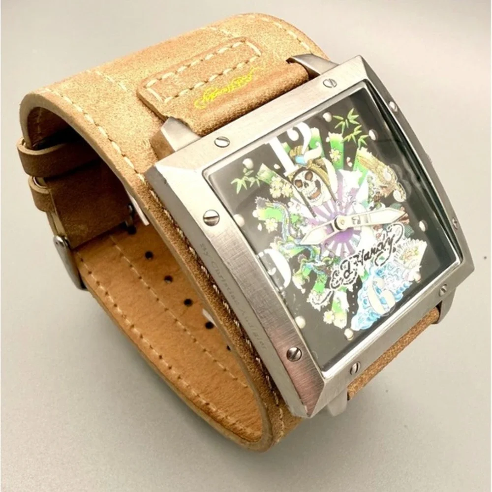 Ed Hardy Christian Audigier WA-JP0452 Skull 45mm Watch‎ Leather Runs Quartz